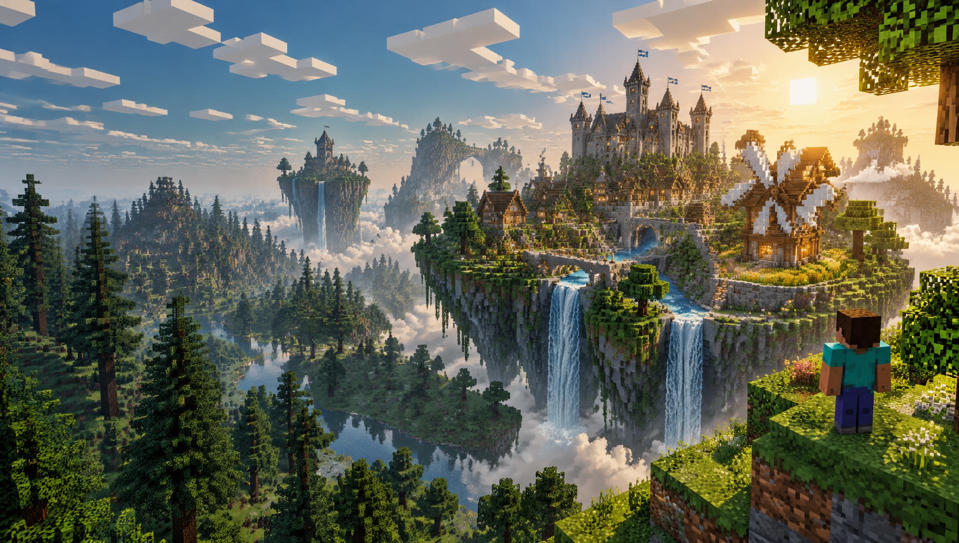 Un mundo de Minecraft con islas, castillos y cascadas al atardecer